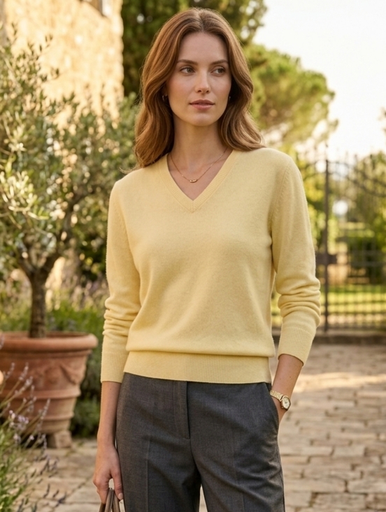 Oliver Perry Sweaters - Oliver Perry Women's Quiet Luxury Old Money Yellow Cashmere VNeck Sweater Size L